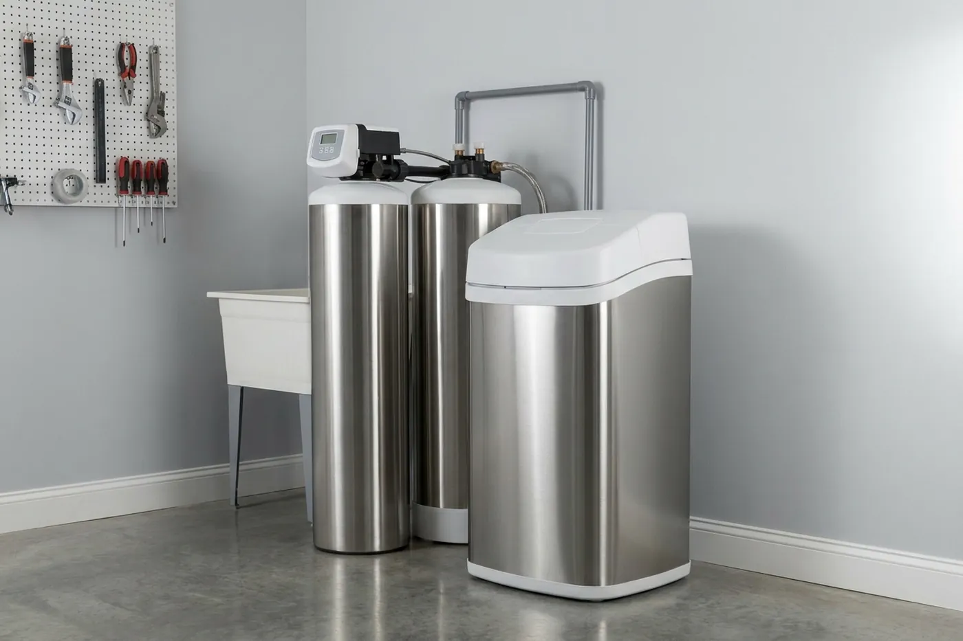 Water softener system installed in a Las Vegas garage
